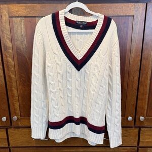 Brooks Brothers Cream V-Neck Tennis Sweater with Burgundy and Navy Stripes